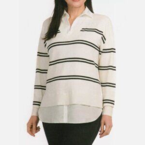 NEW Hilary Radley Womens M Striped Knit Sweater Top With Collared Layered
